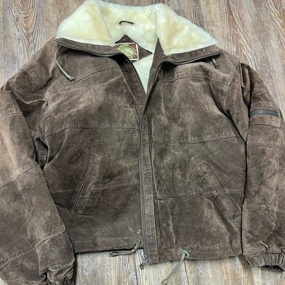 Brown vintage genuine leather suede jacket with faux fur lining - Picture 1 of 6